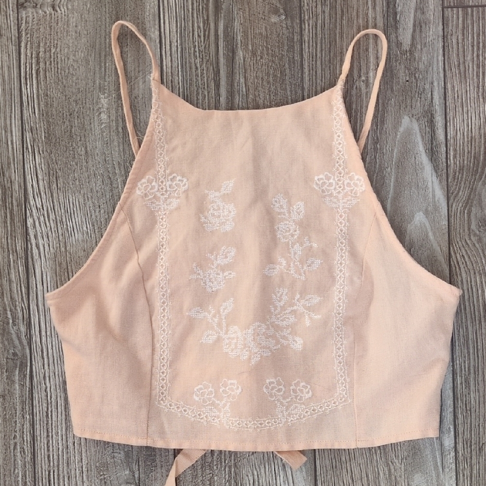 Zara Embroidered Peach Halter Crop Top NWOT XS